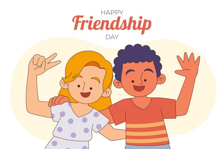 Vector Gratis hand drawn friendship day background with friends waving and showing peace sign