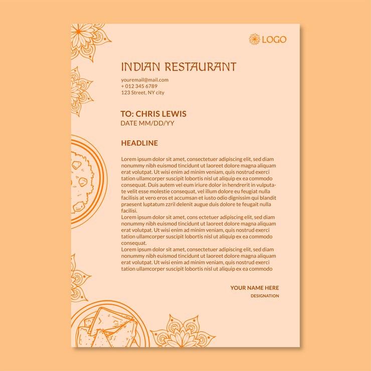 Vector Gratis hand drawn indian food restaurant letterhead template