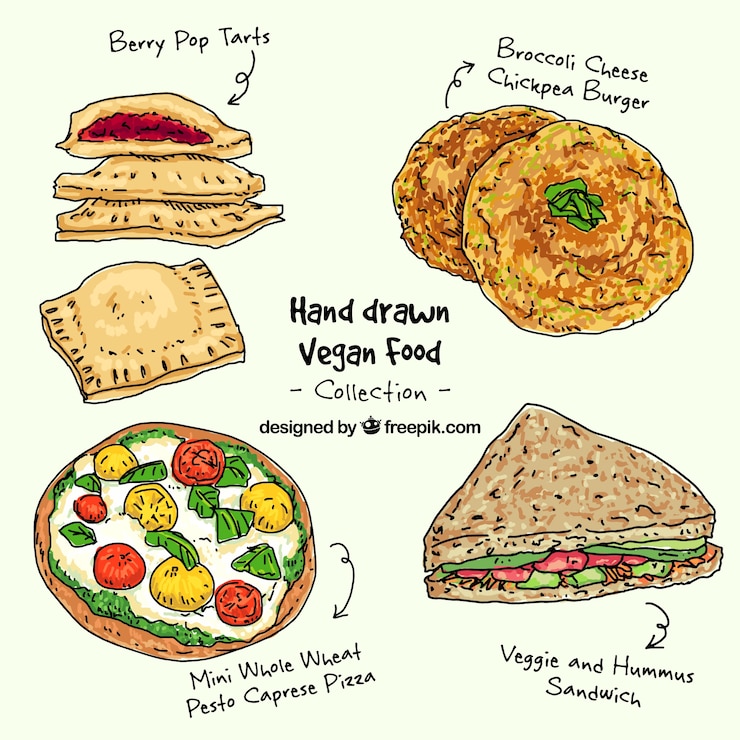 Vector Gratis hand drawn vegan food pack 
