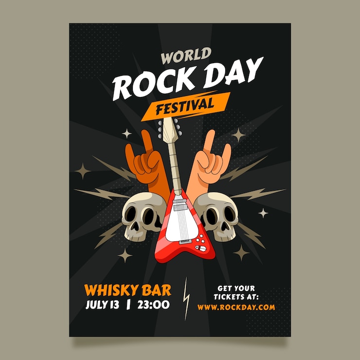 Vector Gratis hand drawn world rock day poster template with hands showing rock sign and skulls