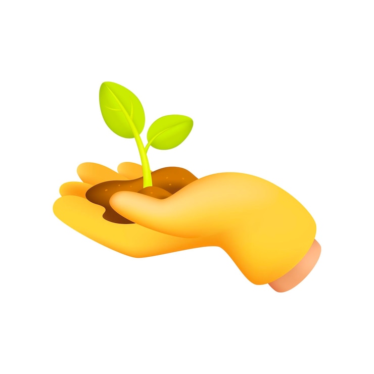 Vector Gratis hand in yellow rubber glove holding sprout 3d illustration. cartoon drawing of gardener or farmer planting vegetables in 3d style on white background. gardening, cultivation, farming concept