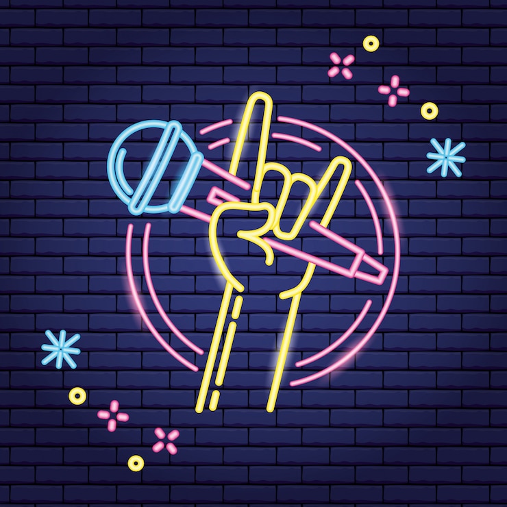 Vector Gratis hand with microphone in neon style, karaoke