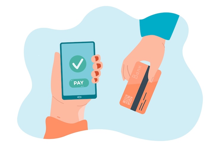 Vector Gratis hands holding credit card and mobile phone with banking app. person paying with bank card, transferring money or shopping online flat vector illustration. payment, finance concept