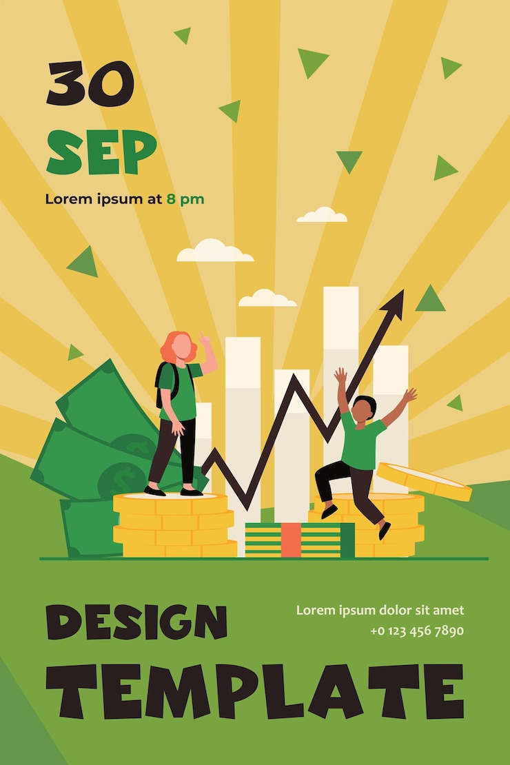 Vector Gratis happy children investing and earning money. kid, growth, coin flat flyer template