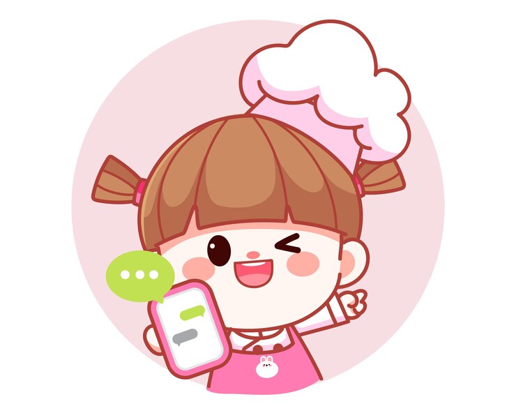 Vector Gratis happy cute girl chef holding mobile phone banner logo cartoon art illustration