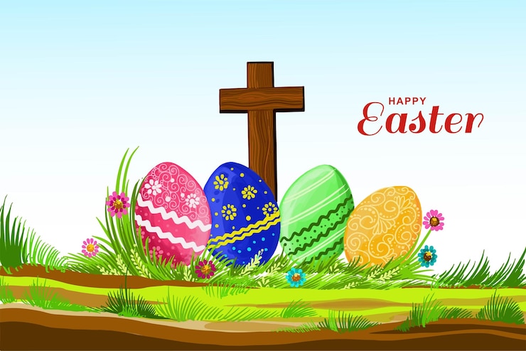 Vector Gratis happy easter card background with christian cross composition eggs for green background