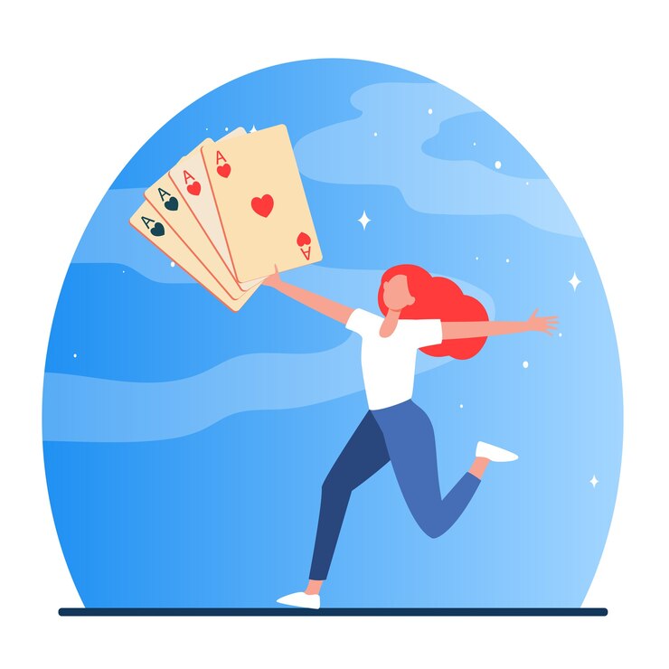 Vector Gratis happy girl running with cards in her hands. gambling concept