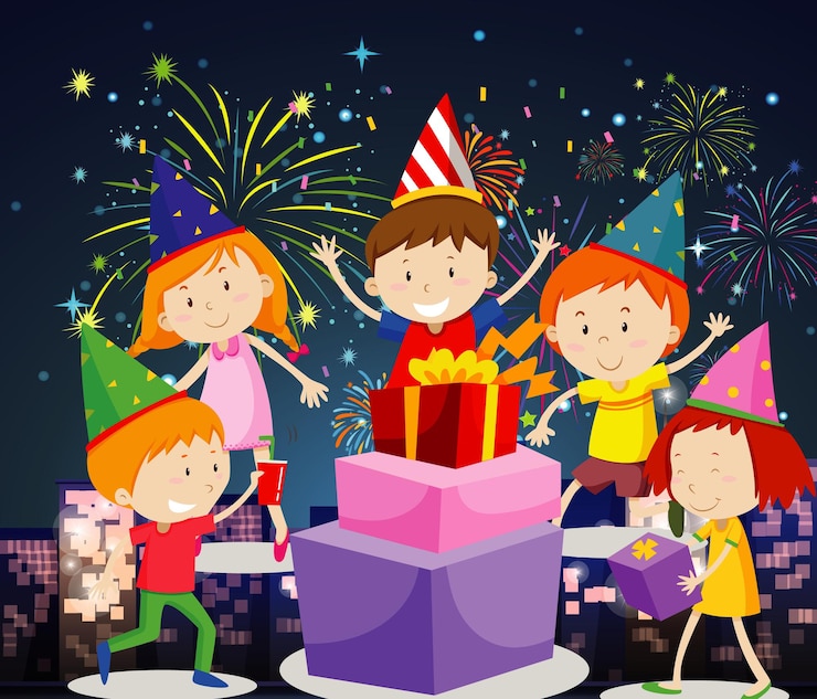 Vector Gratis happy kids having party with presents and fireworks