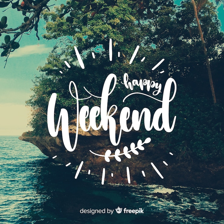 Vector Gratis happy weekend lettering with photography background