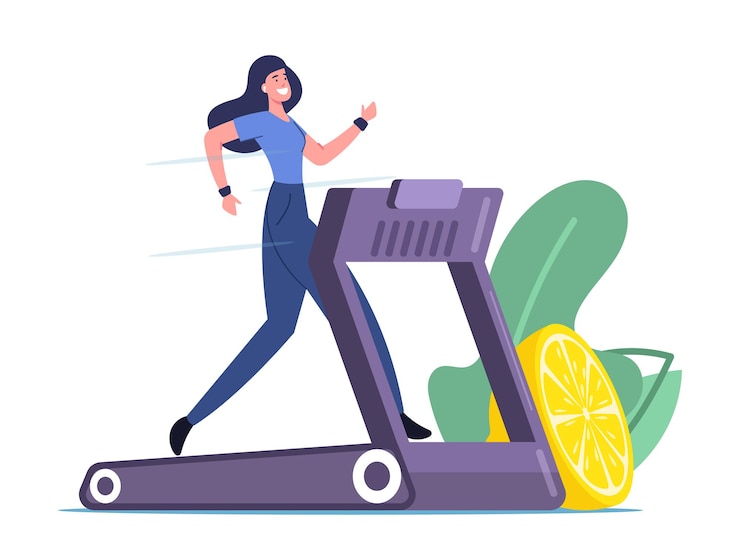 Vector Gratis happy woman running on treadmill with lemon nearby. athletic girl exercising on treadmill to be slim