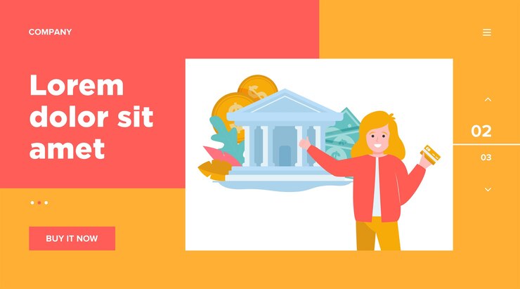 Vector Gratis happy young woman holding credit card. bank building, money, cash web template