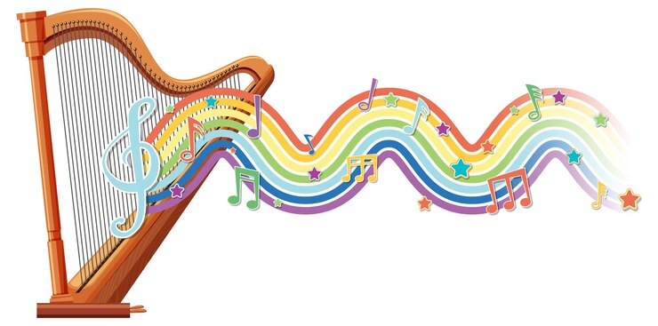 Vector Gratis harpa dengan simbol melodi pada gelombang pelangi