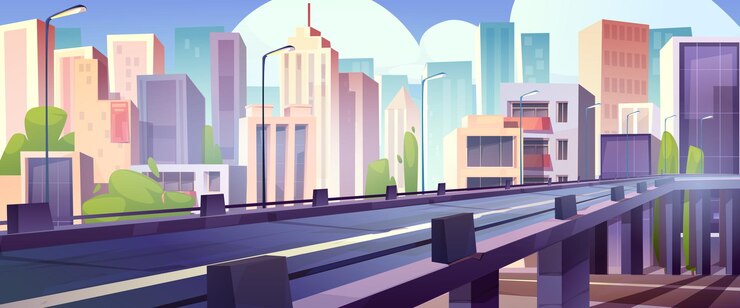 Vector Gratis highway bridge in cartoon urban landscape