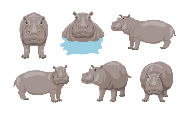 Vector Gratis hippo doing different activities cartoon illustration set. african animal sitting, swimming in lake or river and standing on white background. zoo, wildlife, wild creature concept