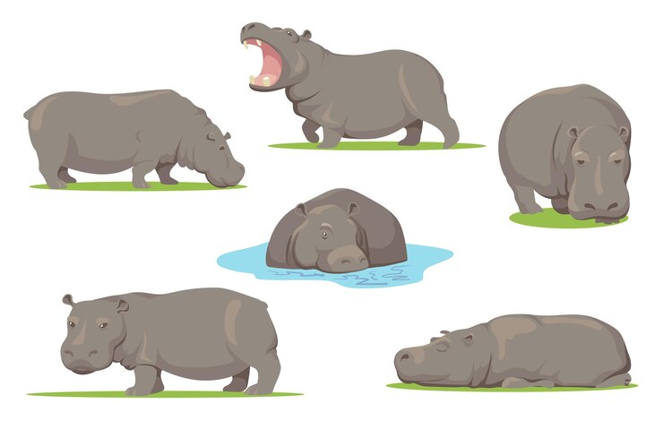 Vector Gratis hippo in different poses flat set
