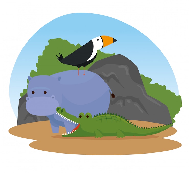 Vector Gratis hippopotamus with bird and crocodile wild animals