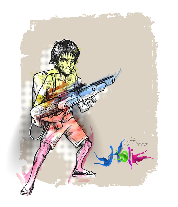 Vector Gratis holi celebrations banner - boy playing holi with gun of pichkari, vector illustration.