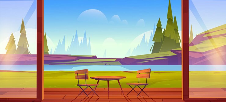 Vector Gratis home terrace with mountain lake view, wooden table and chairs stand on wood floor at nature landscape with spruces and rocks. resort, hotel area for relax and recreation, cartoon vector illustration