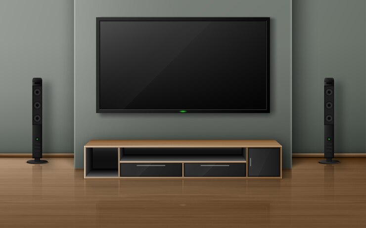 Vector Gratis home theater with tv screen and speakers in modern living room. realistic interior with plasma television hanging on wall, sound stereo system and stand on wooden floor
