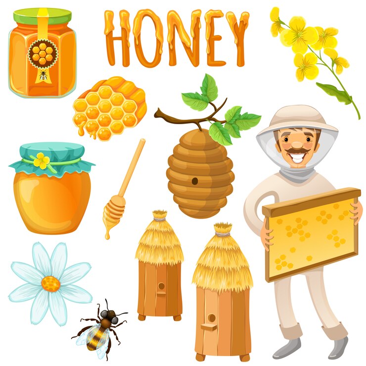 Vector Gratis honey colored and isolated set with happy beekeeper works on an apiary vector illustration