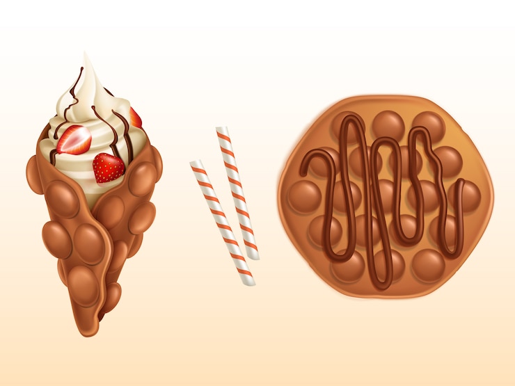 Vector Gratis hong kong egg bubble waffle ingredients 3d realistic vector with stripped caramel candies
