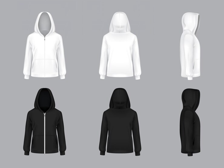 Vector Gratis hoodie putih dan hitam dengan lengan panjang dan saku, tampak depan, belakang, samping,