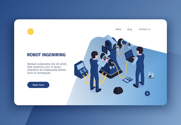 Horizontal robot automation concept landing page with isometric image of robotic manipulator under maintenance with human characters vector illustration
