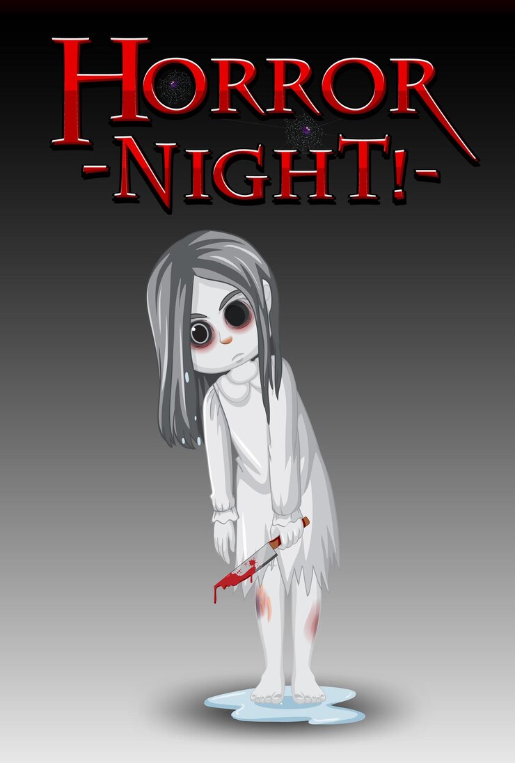 Vector Gratis horror night logo with little ghost girl with black eyes