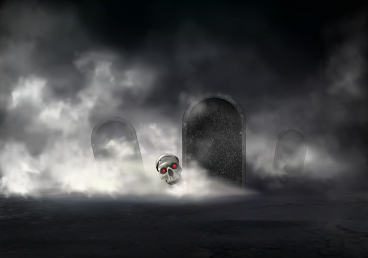 Vector Gratis horror on old cemetery at foggy night 