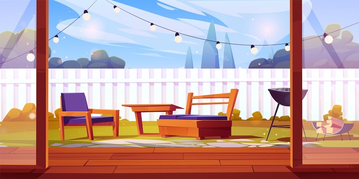 Vector Gratis house backyard garden with fence cartoon vector summer outdoor patio with bbq table and wooden floor in modern condominium environment barbeque on sunny day back yard design scene illustration