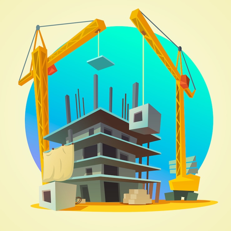 Vector Gratis house building concept with retro style construction machinery cartoon