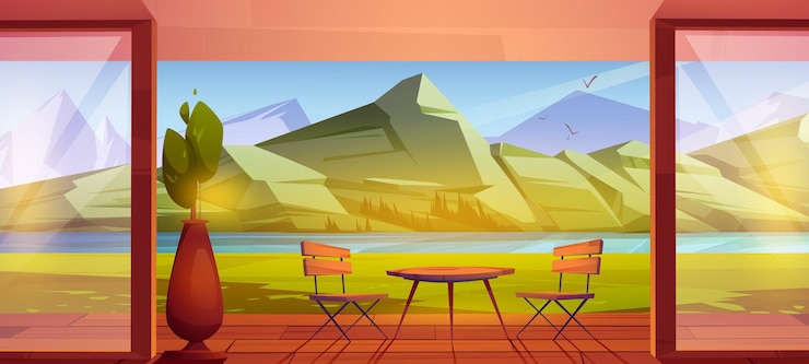 Vector Gratis house wooden terrace in mountain valley with lake