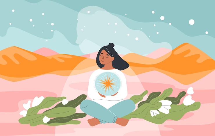 Vector Gratis human inner world conceptual composition with flat planet terrain starry sky and girl with universe inside vector illustration
