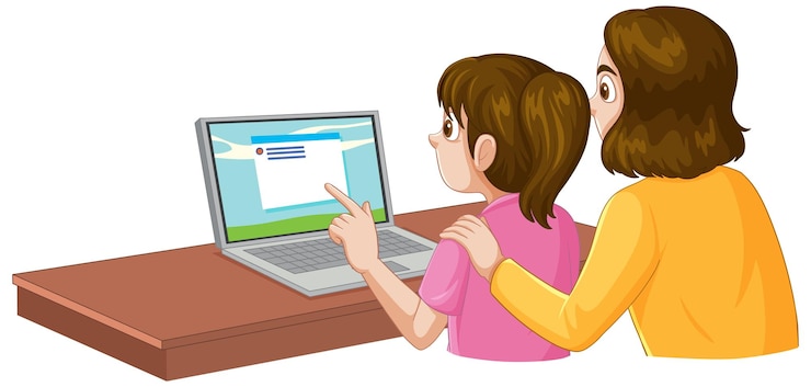 Vector Gratis ibu dan anak perempuan menggunakan laptop