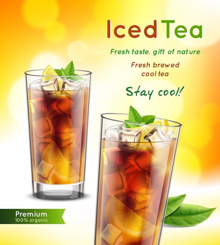 Vector Gratis iced tea package realistic advertising composition with full glasses mint leaves lemon promoting text vector illustration