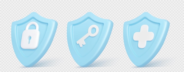 Vector Gratis icons of 3d shields with signs of plus padlock