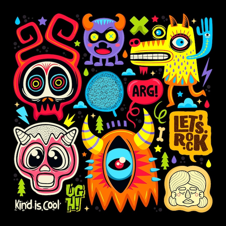Vector Gratis ikon stiker monster lucu doodle digambar tangan vektor halaman mewarnai