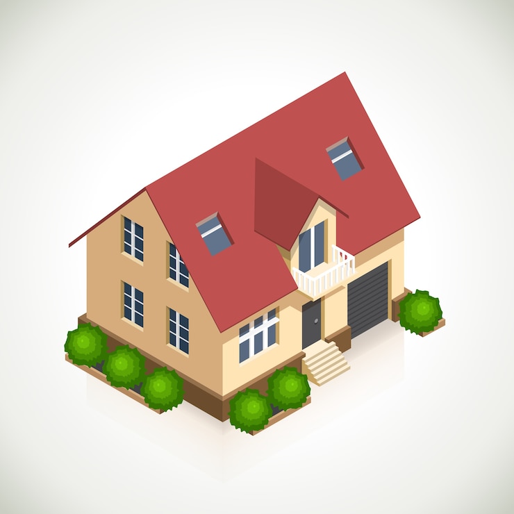 Vector Gratis ikon vektor 3d rumah dengan semak hijau. rumah arsitektur, struktur dan jendela