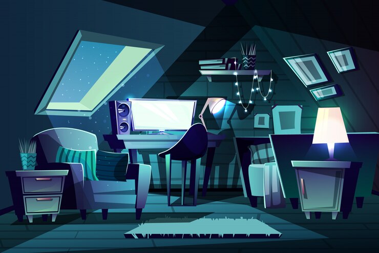 Vector Gratis illustration of girl's room at night. cartoon garret with window, armchair with cushion 