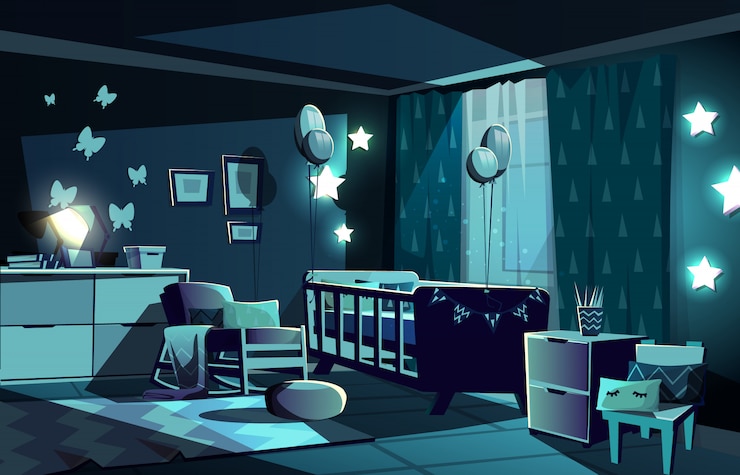 Vector Gratis illustration of newborn kid or nursery room at night in moonlight.