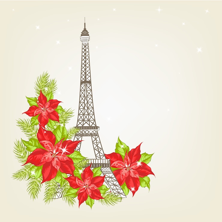 Vector Gratis illustration of the eiffel tower on a vintage background with christmas flowers.