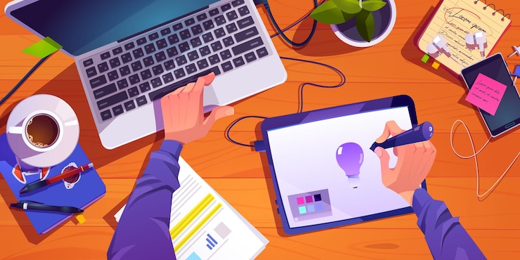 Vector Gratis illustrator or designer working process at workplace top view, male hands painting on digital tablet and laptop, develop creative project, graphic design artist profession, cartoon vector illustration