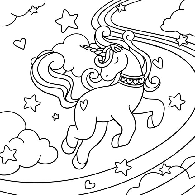 Ilustrasi buku mewarnai unicorn digambar tangan