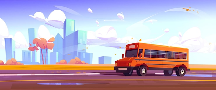 Vector Gratis ilustrasi bus sekolah di jalan kota musim gugur