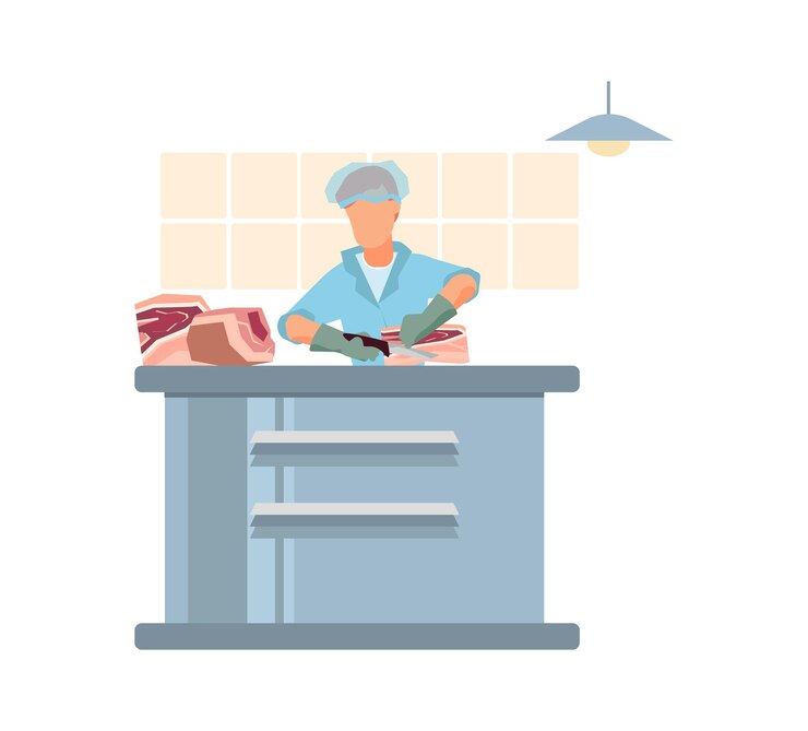 Vector Gratis ilustrasi datar pabrik pengolahan daging dengan pekerja berseragam sedang mengukir daging