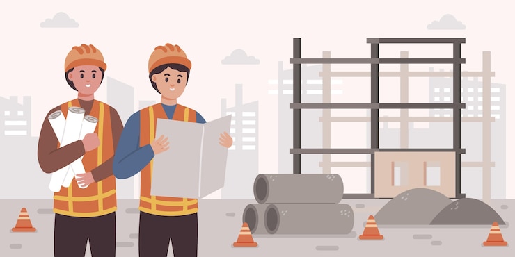 Vector Gratis ilustrasi datar para insinyur yang bekerja di bidang konstruksi