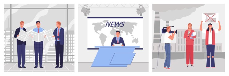 Vector Gratis ilustrasi datar pekerja media membaca koran dan menyiarkan laporan dari studio televisi