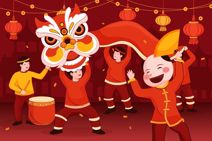 Vector Gratis ilustrasi datar tarian barongsai tahun baru imlek