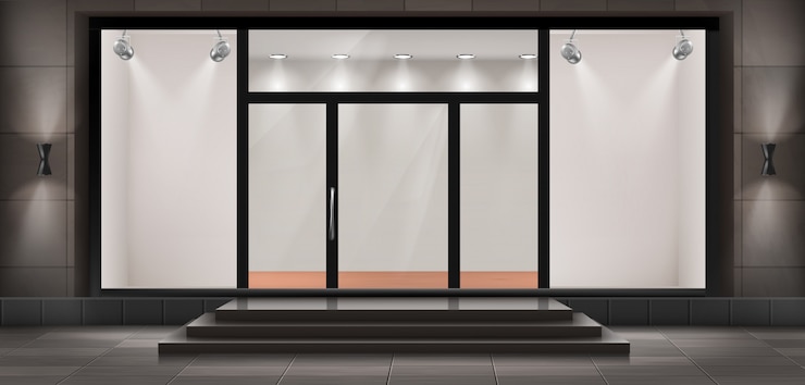 Vector Gratis ilustrasi etalase dengan tangga dan pintu masuk, etalase kaca yang diterangi