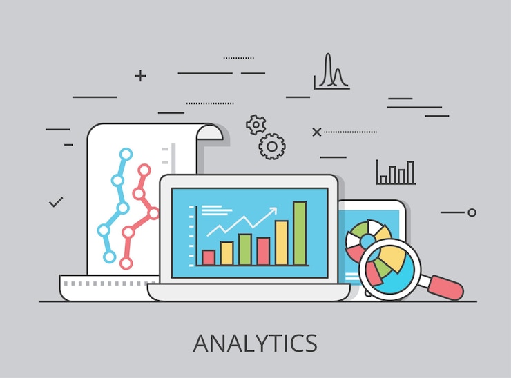Ilustrasi gambar pahlawan situs web analitik pengunjung Datar Linear. Konsep SEO, SMM, dan pemasaran online. Laptop, tablet dengan data laporan di layar.